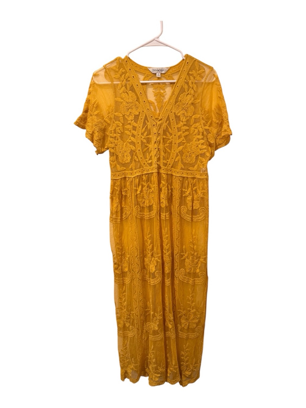Davi & Dani Mustard Yellow Floral Embroidered Lace Mesh Midi Maxi Dress - Small